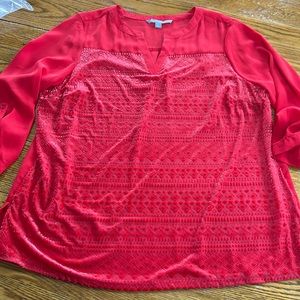 Valerie Stevens red blouse with velvet detail on front. Size XL. V-Neck.